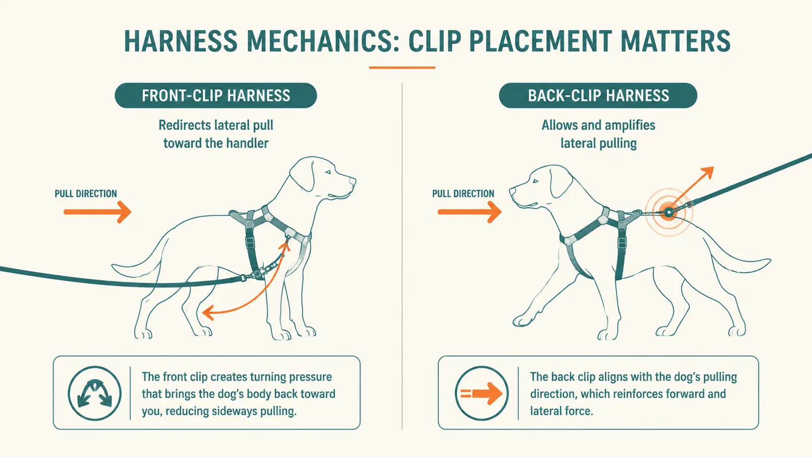 Side-by-side comparison chart showing pulling force reduction with front-clip vs back-clip harness design