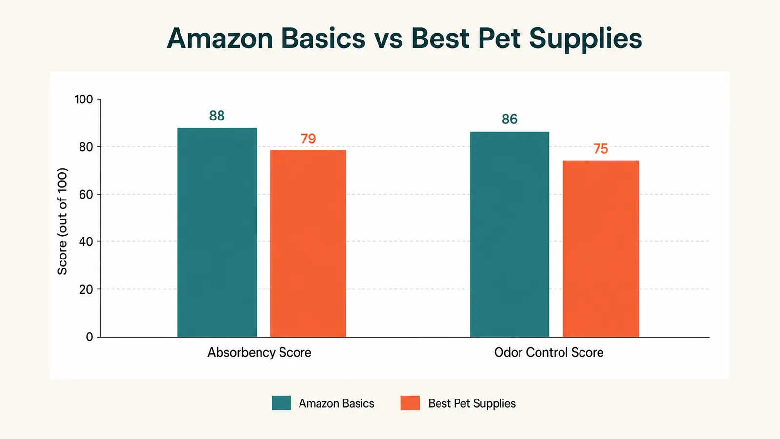 Bar chart comparing absorbency and odor scores of Amazon Basics versus Best Pet Supplies puppy pads