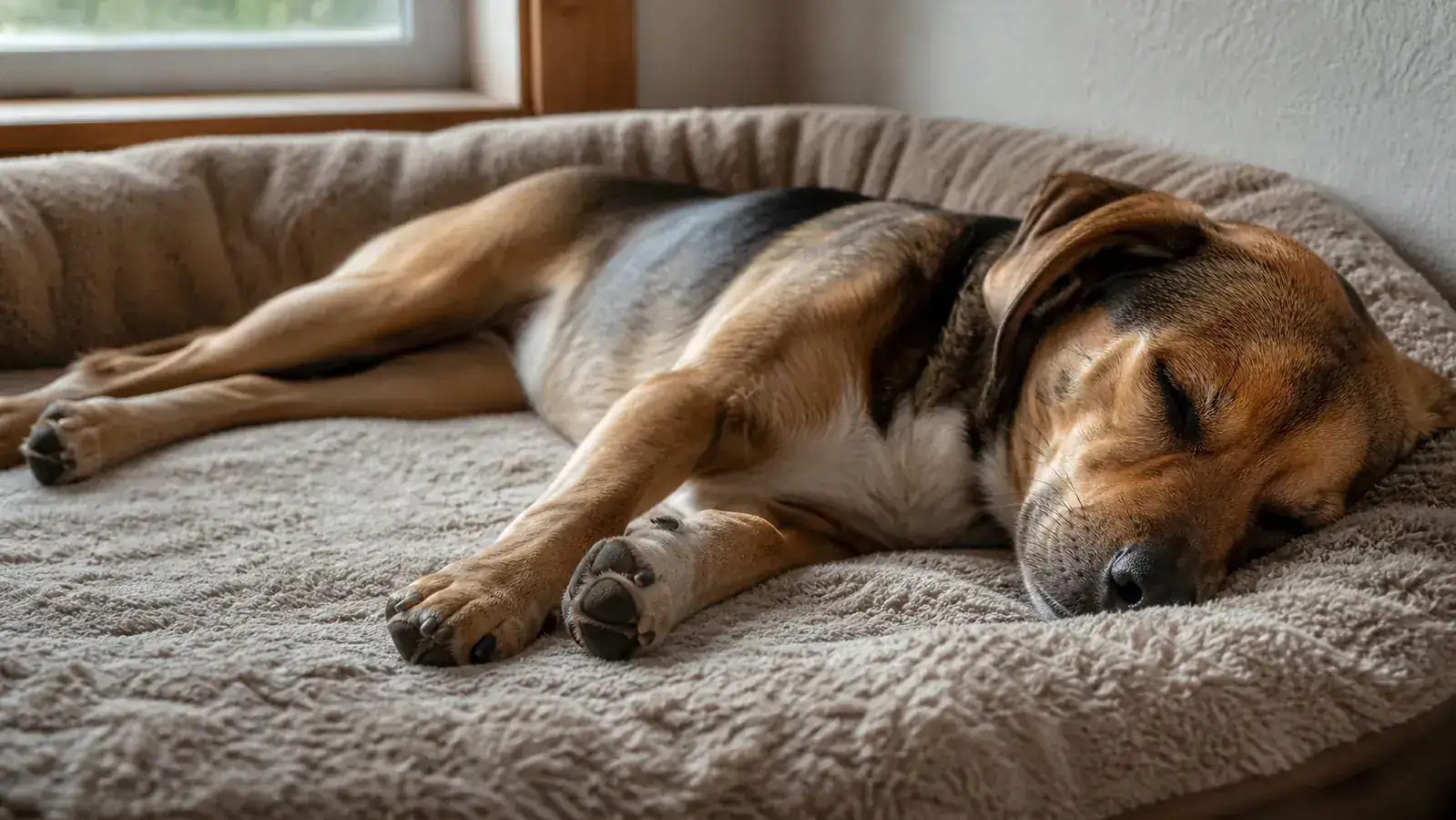 Relaxed rescue dog napping on a dog bed with eyes closed and body fully stretched out