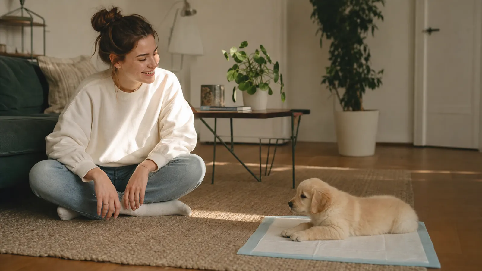 Happy puppy lying near a training pad with owner smiling nearby on a couch