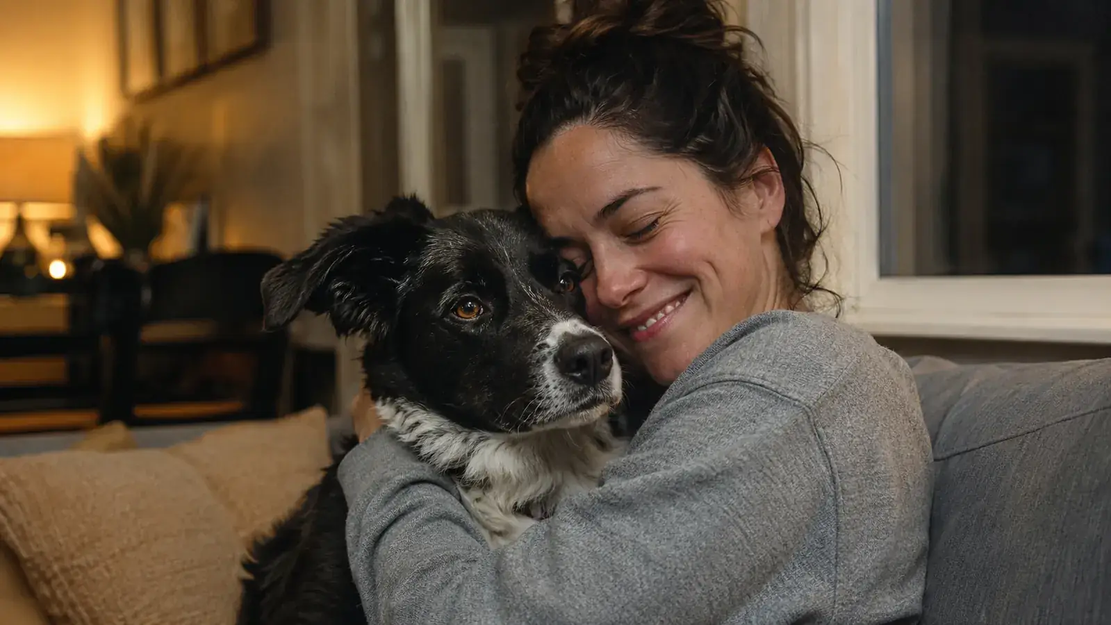 A woman sitting on a couch with her dog, both relaxed and close together, the dog's face near her face