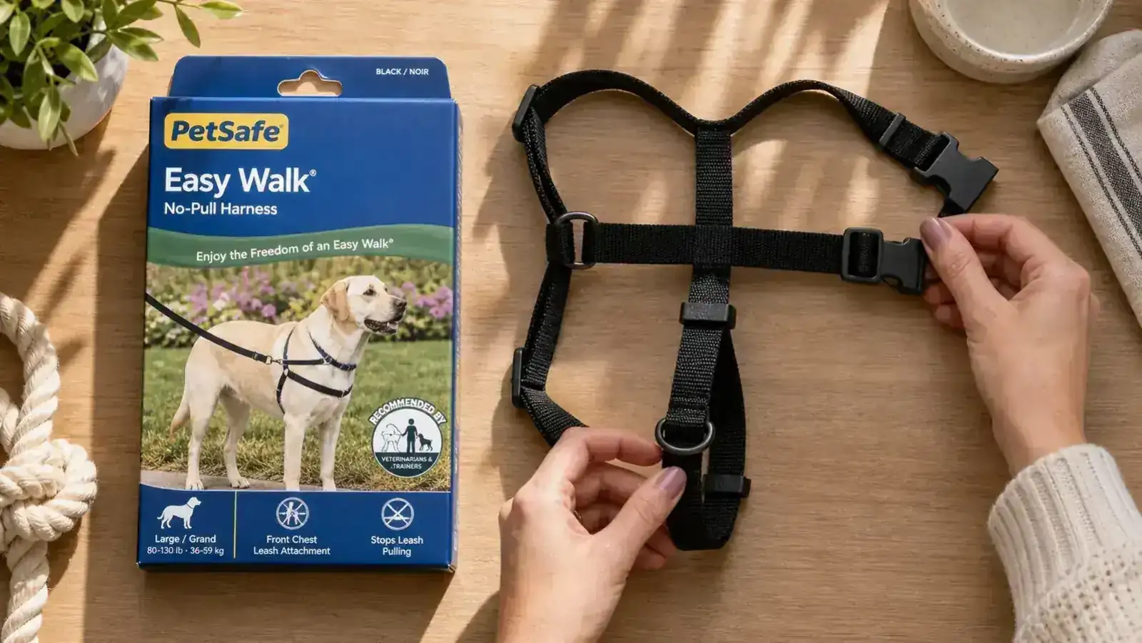 PetSafe Easy Walk harness laid flat showing the four adjustment sliders and color-coded buckles on a wooden surface