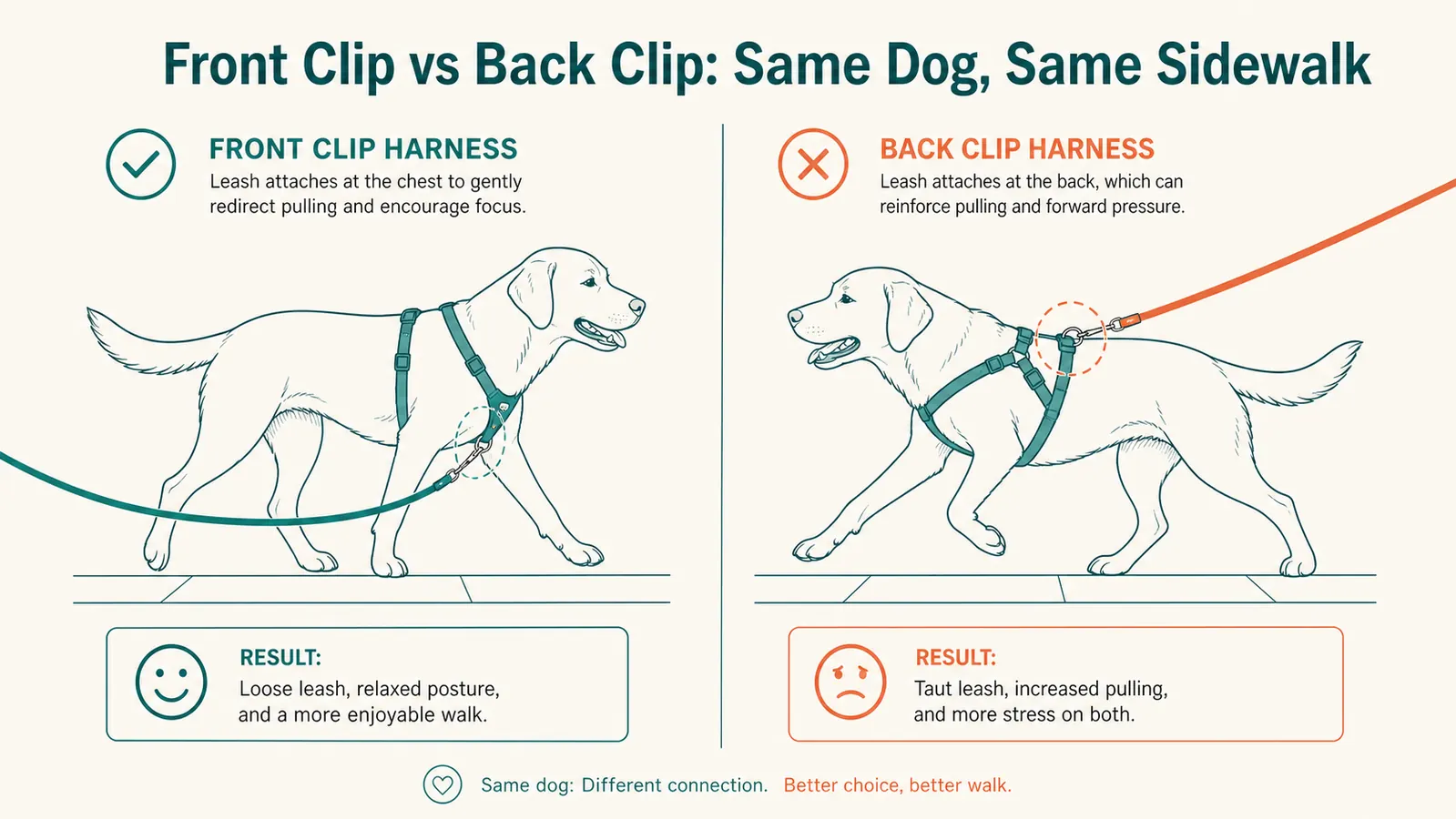 Side-by-side comparison of a dog walking calmly on a front-clip harness versus the same dog straining forward on a back-clip harness