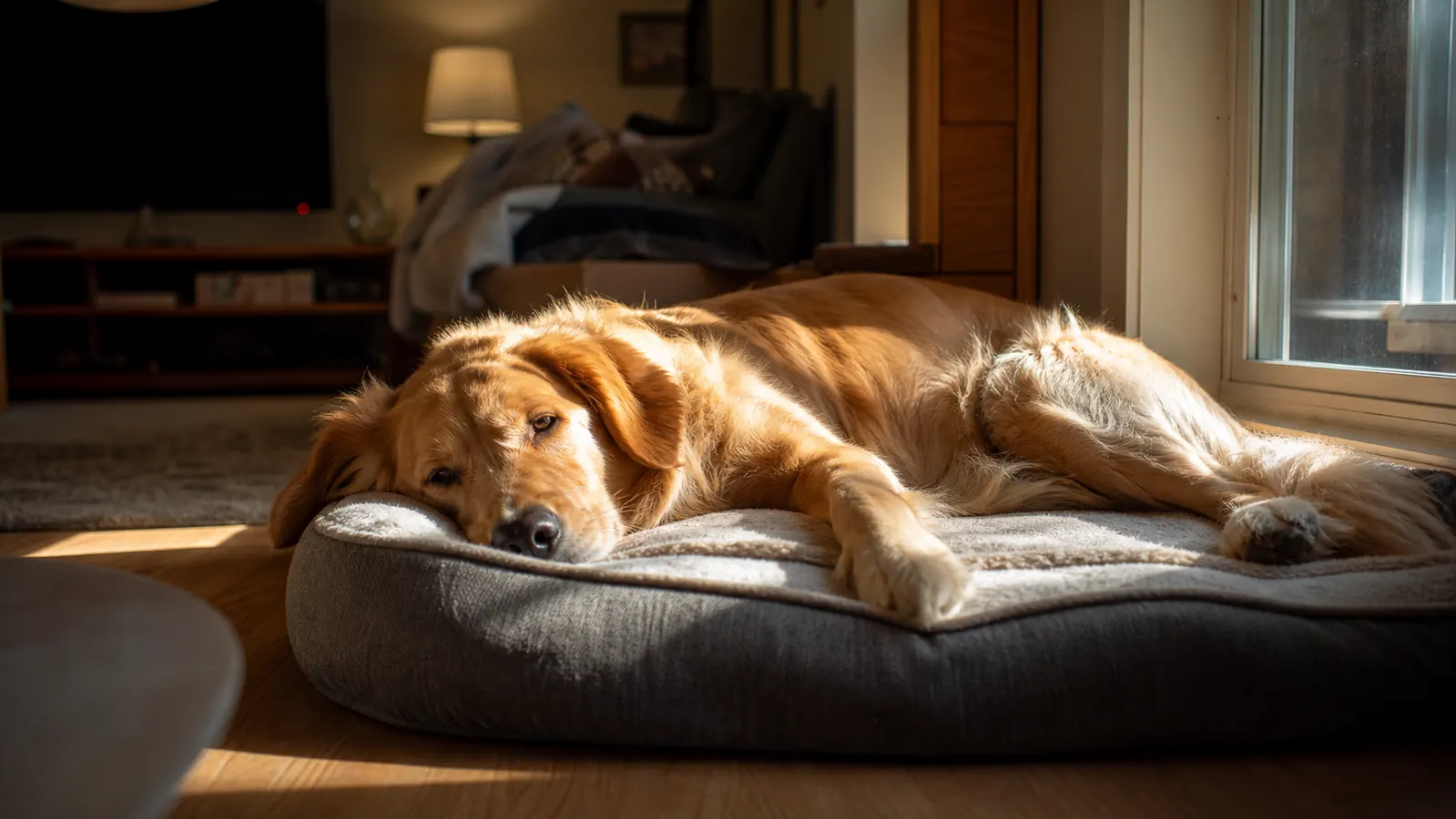 Dog lying calmly on a dog bed next to a window, looking relaxed