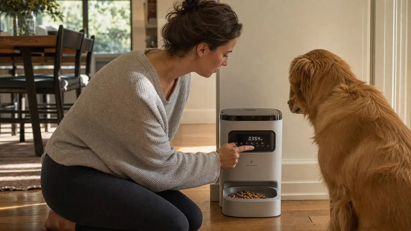 Woman setting up an automatic pet feeder on the floor while her dog sits calmly watching